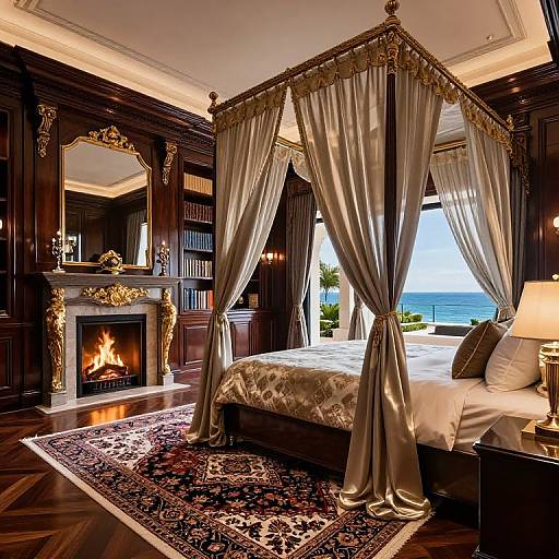 Luxurious bedroom with a four-poster canopy bed, roaring fireplace, ocean view, dark wood paneling, ornate mirror, and patterned rug
