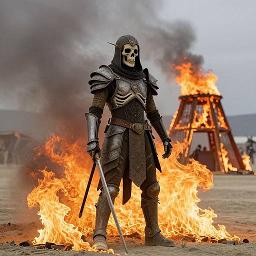 Photograph of armored warrior with skull helmet standing in front of blazing fire, holding sword, with burning wooden structure in background.