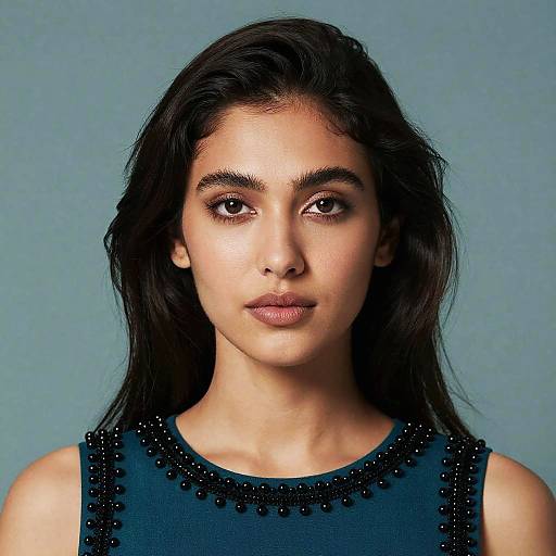 Portrait of woman in teal beaded top