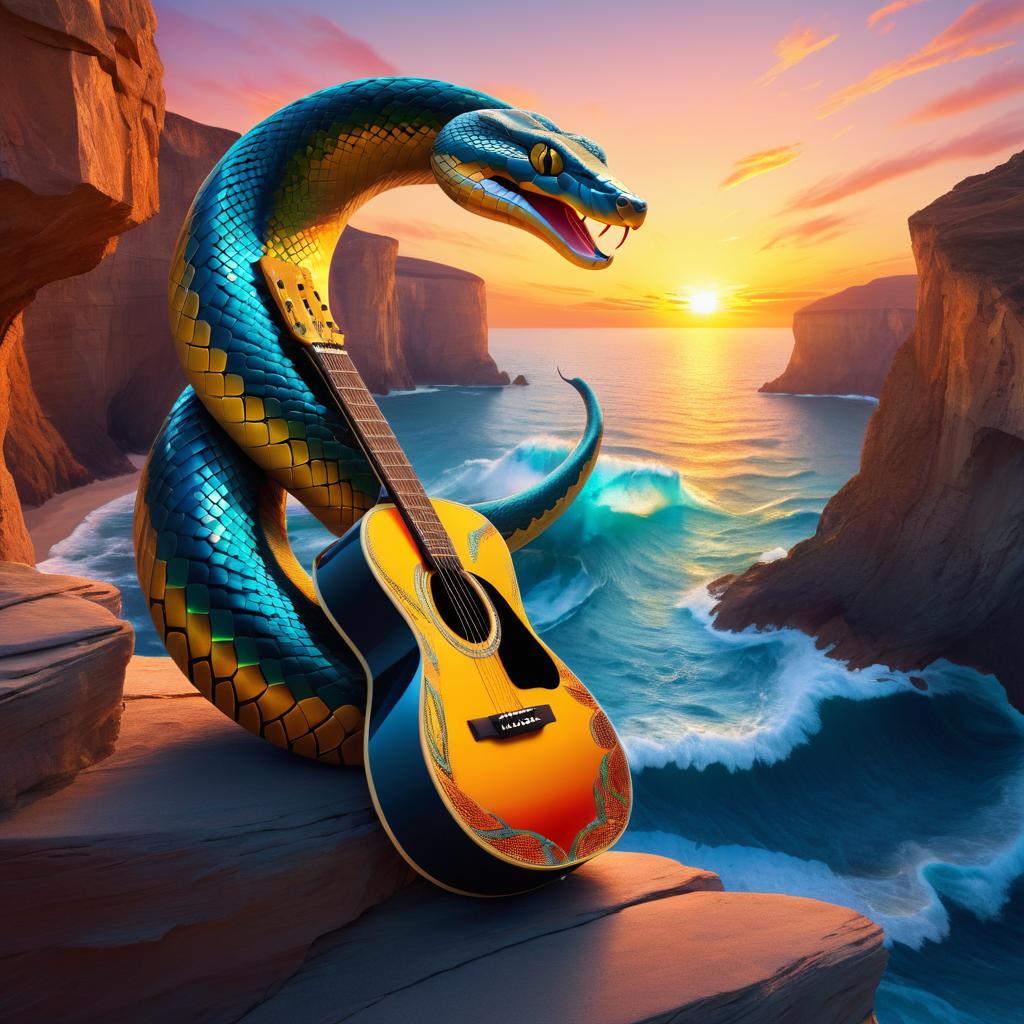 Surreal Snake-Guitar Hybrid at Sunset