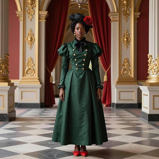 African Woman in Victorian-Style Dress in Ornate Hall
