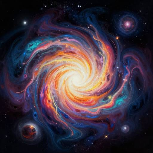 Digital artwork of a vibrant, swirling galaxy with a bright, fiery center, surrounded by colorful, wispy clouds, and small star clusters in a dark