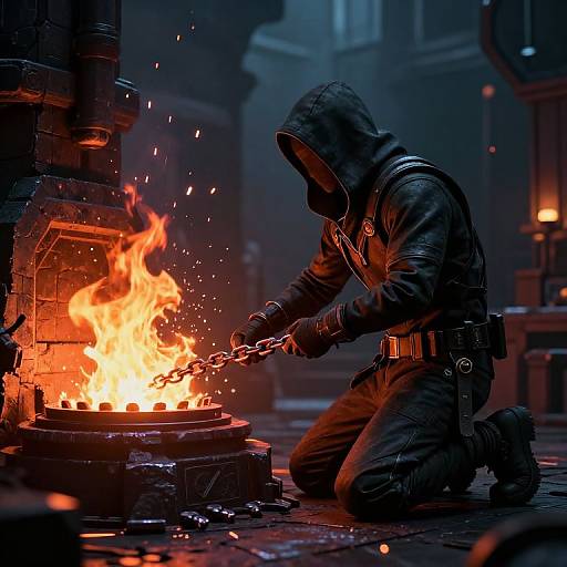 Photograph of a hooded, masked figure in black leather kneels by a burning fire, breaking a chain with a fist, in a dimly