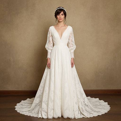 Photograph of a fair-skinned woman with dark hair in a white lace wedding dress with long sleeves, standing against a beige textured wall, wearing a