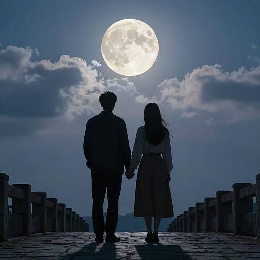 Silhouetted couple holding hands walks on a moonlit bridge, full moon shining brightly above, clouds scattered in the night sky.