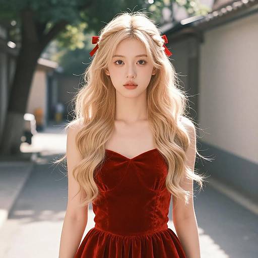 Sunlit Portrait of Woman in Red Velvet