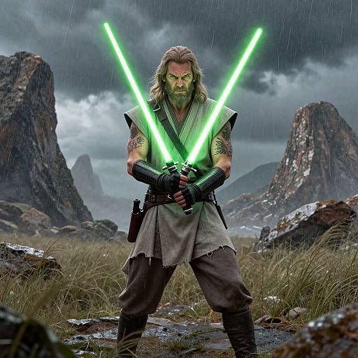 Photorealistic digital art of a bearded, muscular man with long hair, holding glowing green lightsabers in a rainy, mountainous landscape.