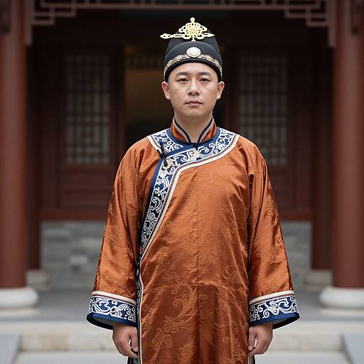 Photograph of an Asian man in an ornate, brown silk robe with blue and white embroidered trim, wearing a black hat with a gold decoration,