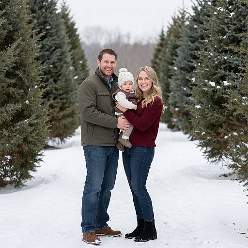 Photograph of a smiling family: bearded man in green jacket, blonde woman in maroon sweater, holding bundled baby in white knit hat, standing