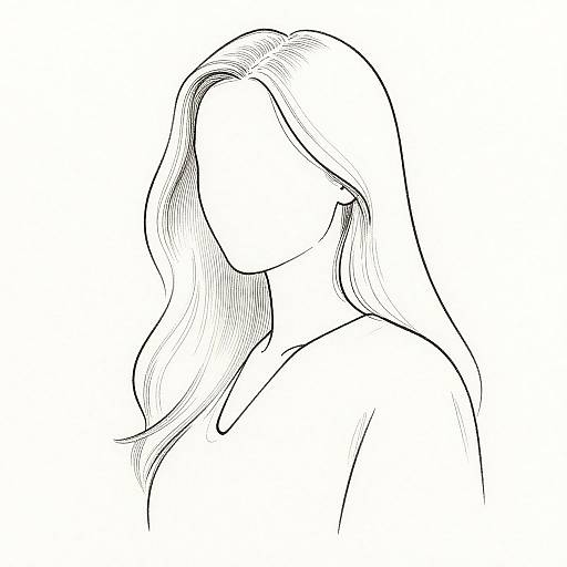 Black and white line drawing of a faceless woman with long, flowing hair, minimalistic style, simple outlines, white background.