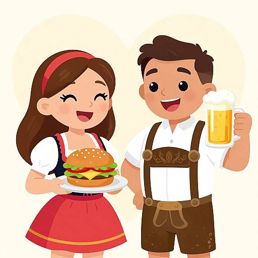 Cartoon-style illustration of a smiling couple: a brunette woman in a red dress and white blouse holding a burger, and a brown-haired man in le