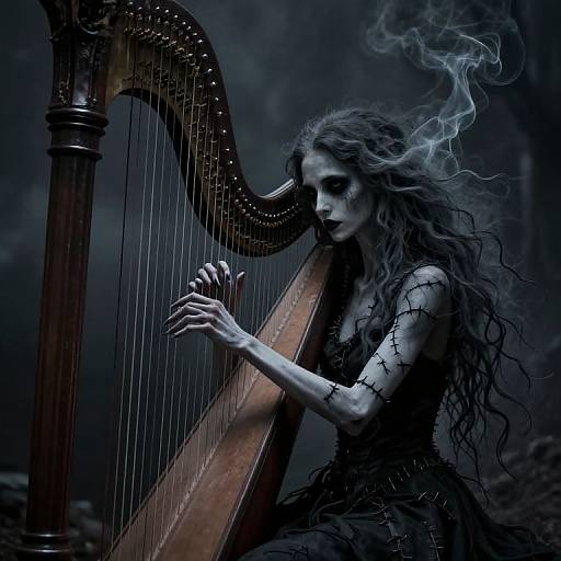 Mysterious woman with pale skin and long, wavy hair plays a wooden harp, surrounded by dark smoke, in a moody, blue-ton