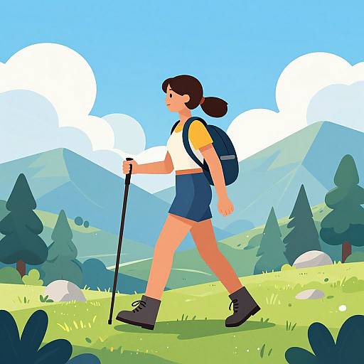 Vibrant Vector Woman Hiking Magic Mountains