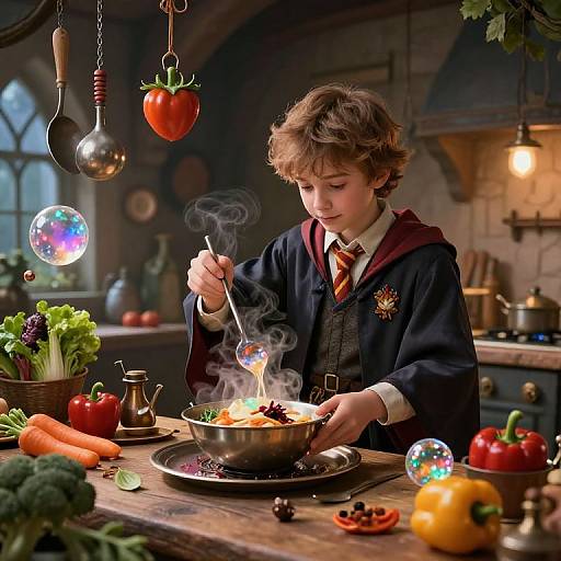 Photograph-style digital art of a young boy in a Hogwarts robe cooking over a wooden stove, surrounded by colorful vegetables, bubbles, and kitchen utensils