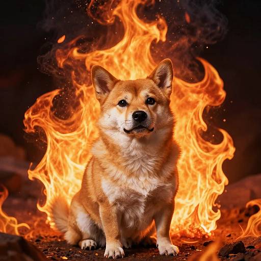 Dog Sitting Calmly in Surreal Flames