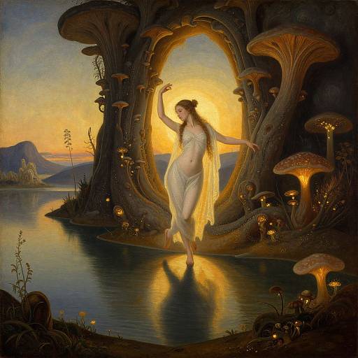Dreamy fairy-like woman in a translucent white dress, dancing under a glowing archway of mushrooms, with a sunset over a serene lake. Surreal