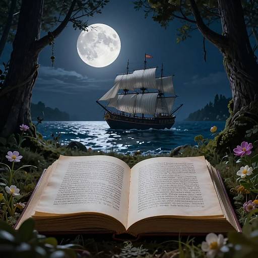 Photograph of an open book with text, surrounded by flowers, framed by trees, with a full moon and sailing ship on a dark, starry