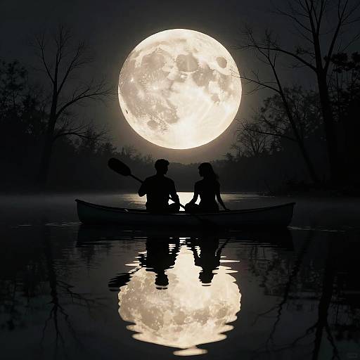 Moonlit Canoe Couple Silhouette