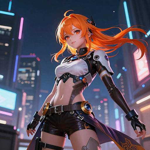 Digital anime-style artwork of a fierce, orange-haired woman with cybernetic armor, black shorts, and glowing cityscape background at night.