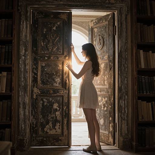 Photograph of a silhouetted woman in a white dress standing in a dimly lit, weathered bookroom, opening ornate, sun