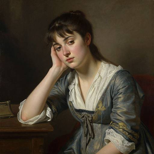Photorealistic painting of a young woman with pale skin and dark brown hair, wearing a blue dress with white lace, resting her head on her hand
