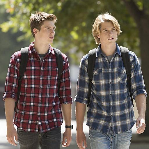Two young men walking outdoors in plaid shirts