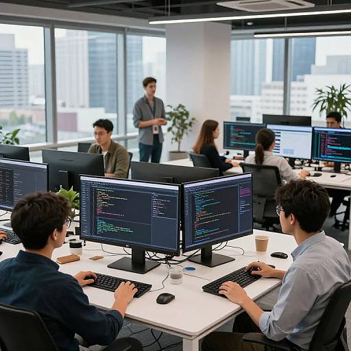 Photograph of a modern office with six programmers in a bright, open room, working on dual monitors displaying code, surrounded by plants and large windows overlooking