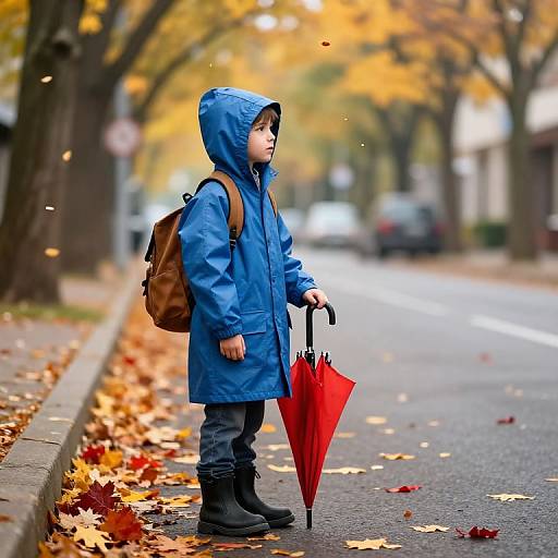 Boy in Blue Raincoat on Autumn Street