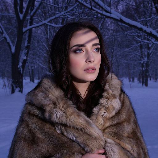Photograph of a fair-skinned woman with dark brown hair, wearing a fur coat, standing in a snowy forest at night. Blue shadows cast on