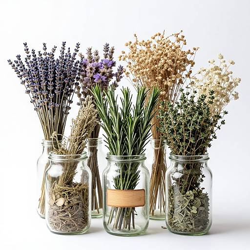 Photograph of five clear glass jars, each filled with dried or fresh herbs and flowers, arranged in a row. Background is white, highlighting the vibrant