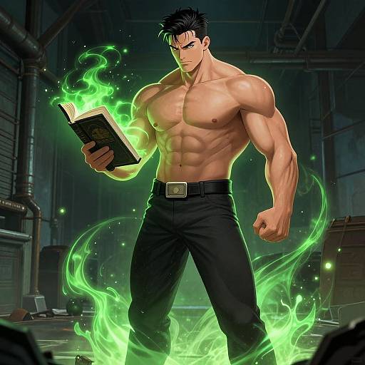 Muscular, shirtless anime man with black hair and pants, holding glowing green magic book, surrounded by green flames, in dark industrial background. Digital