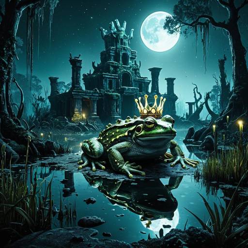 Moonlit Swamp with Frog King and Ancient Ruins