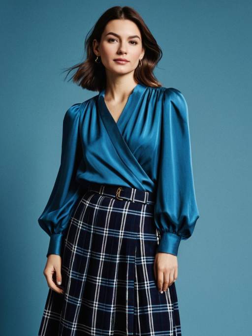 Woman in Blue Silk Blouse and Plaid Skirt