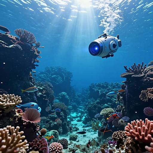 Photograph of a vibrant underwater scene with a blue-eyed underwater camera hovering above colorful coral reefs, illuminated by sunlight penetrating the clear, blue ocean water.