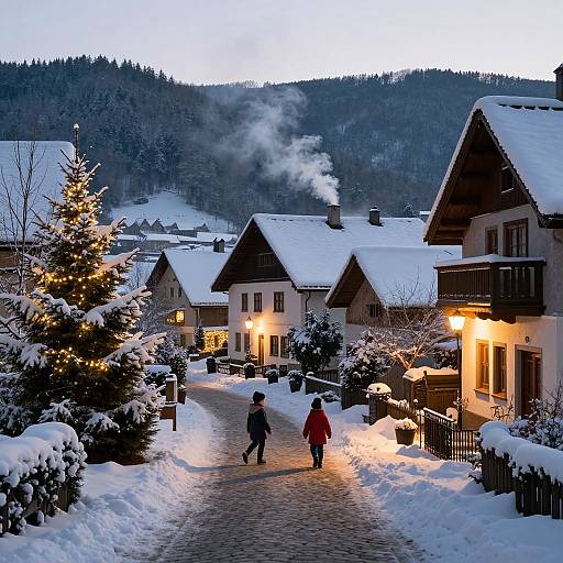 Photograph of a snowy Alpine village at dusk, featuring two people walking down a cobblestone path past lit chalets, a decorated Christmas tree,