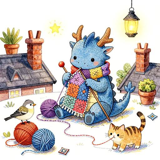 Tiny Dragon Knitting on Rooftop Twilight