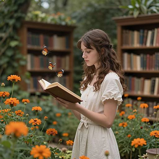 Young woman with wavy brown hair in a white dress reads a book among orange marigolds, with butterflies fluttering nearby, in front of a