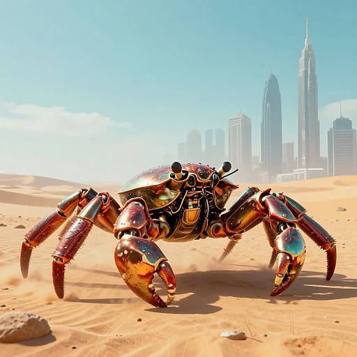 Photorealistic CGI of a metallic, robotic crab with shiny, orange and silver segments walking in a sunlit desert with a futuristic city skyline in the