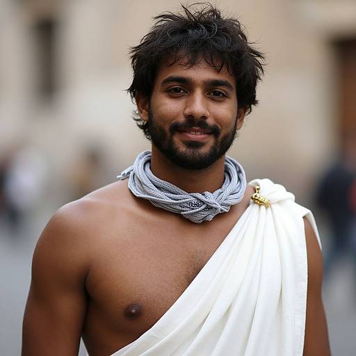 Photograph of a young, shirtless, dark-haired Indian man with a beard, wearing a white toga and gray scarf, standing in a blurred