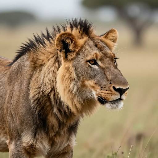 Photograph of a majestic male lion with a thick, dark mane, standing in a grassy savanna, looking intently to the right. Background