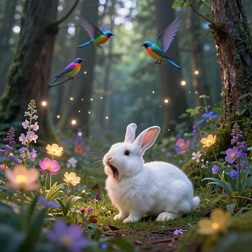 Photograph of a fluffy white bunny with open mouth, surrounded by colorful flowers and two rainbow hummingbirds flying in a magical, enchanted forest.