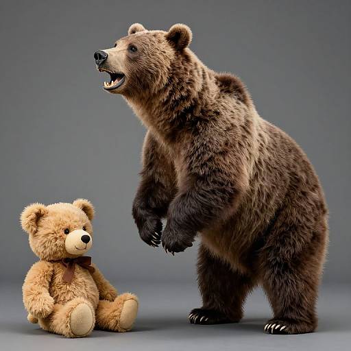 Photograph of a large, realistic brown bear standing with mouth open, facing a small, beige teddy bear sitting on gray background.