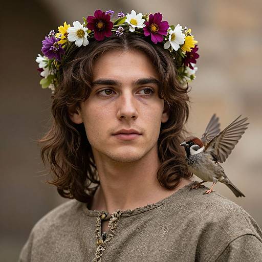 Photograph of a young man with long brown hair, wearing a flower crown and brown shirt, with a small bird perched on his shoulder.