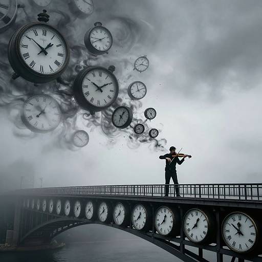 Silhouetted musician playing saxophone on clock bridge, surrounded by floating clock faces, in a foggy, grayscale, surreal photograph.