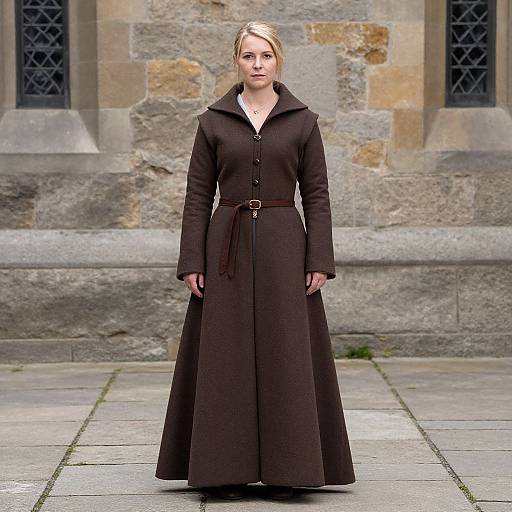 Photorealistic digital rendering of a blonde woman in a long, dark brown, belted cloak standing in front of a stone building.