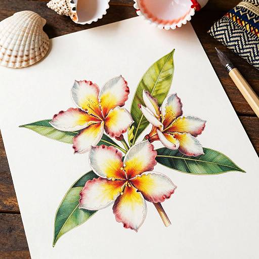 Watercolor painting of vibrant yellow and orange plumeria flowers with green leaves, on white paper, surrounded by seashells and a pen.