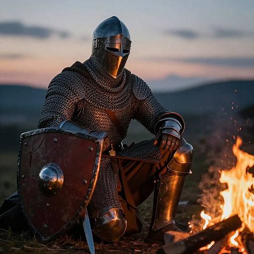 Realistic Knight at Twilight Campfire