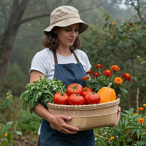 Woman with Basket in Lush Forest