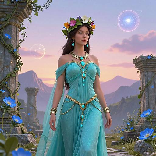 Digital artwork of a beautiful woman with long dark hair, wearing a turquoise off-shoulder dress and flower crown, adorned with turquoise jewelry, standing in