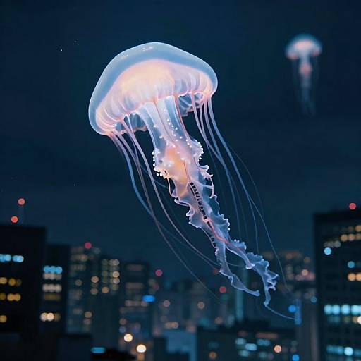 Photograph of a glowing, translucent jellyfish with long, flowing tentacles against a dark, cityscape backdrop featuring blurred, illuminated buildings at night.